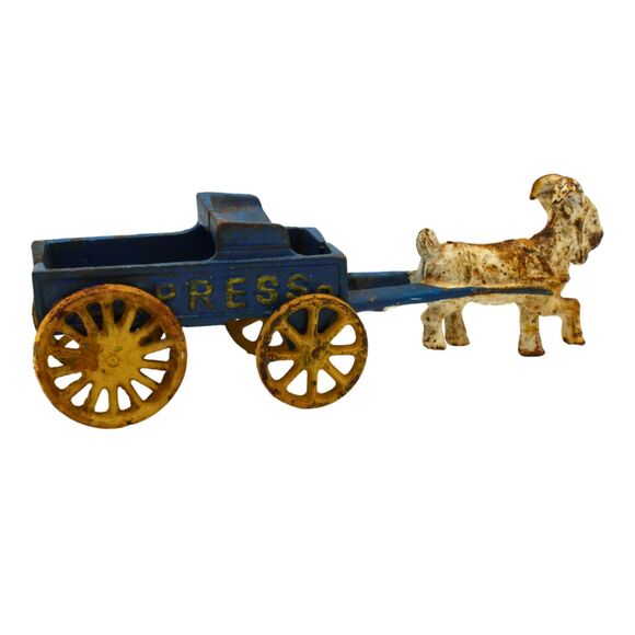 Vintage Cast Iron Toy Goat Express Wagon Cart Yellow Spoked Wheels Hubley Repro - Picture 2 of 7